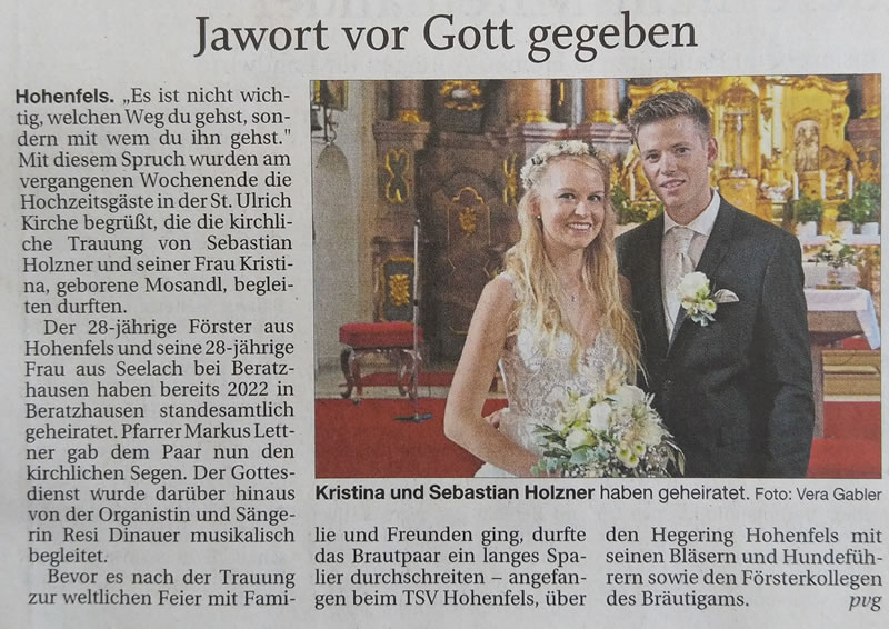 2.Sept. 2023 : Hochzeit von Sebastian Holzner und Kristina Mosandl aus Beratzhausen